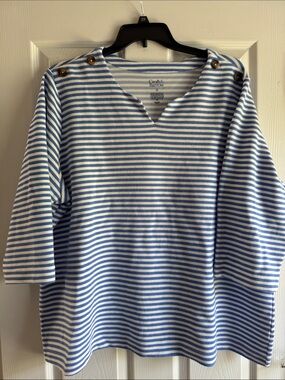 croft & barrow Blue and White Striped V-Notch Boatneck Top with Button Accents